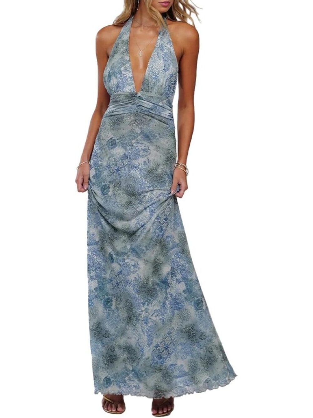 Halter Backless Maxi Dress - Deep V Neck, Open Back, Mesh for Beach & Wedding